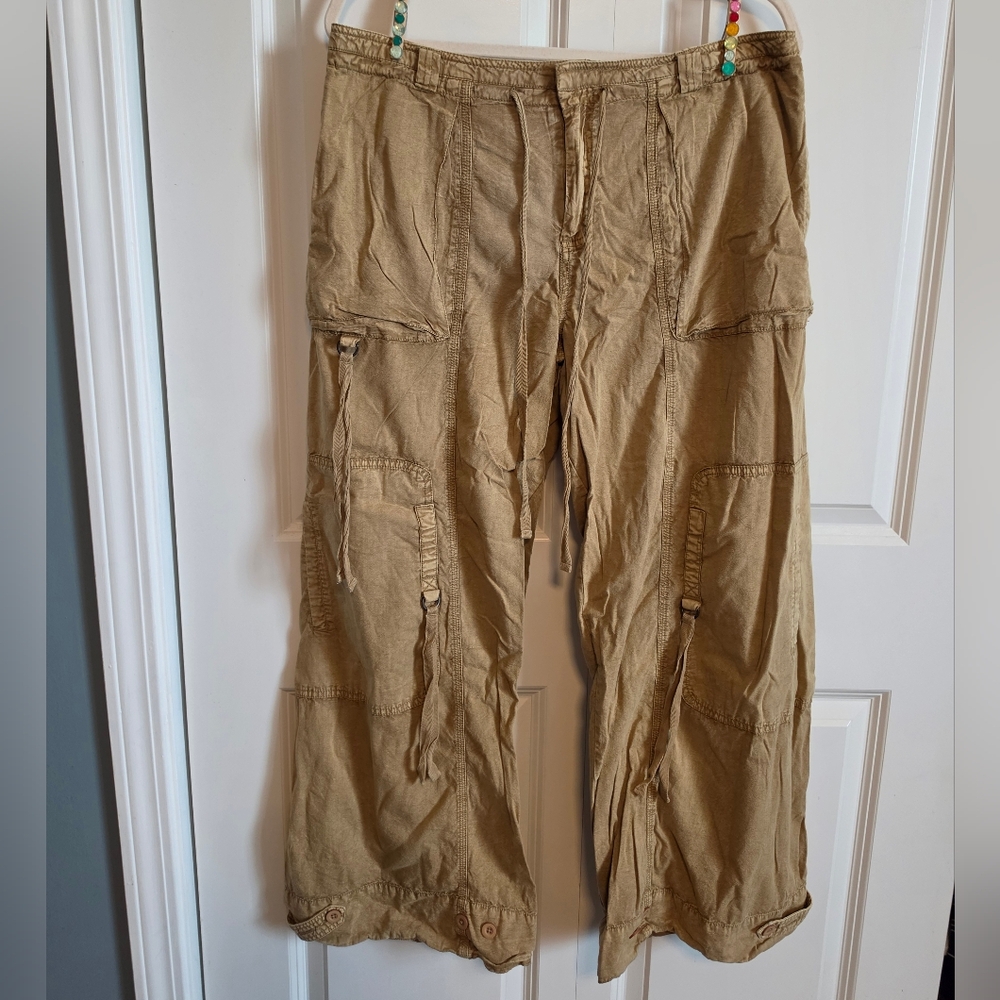 Free People Wide Leg Cargo Pants in Tan khaki with Drawstring Waist pockets